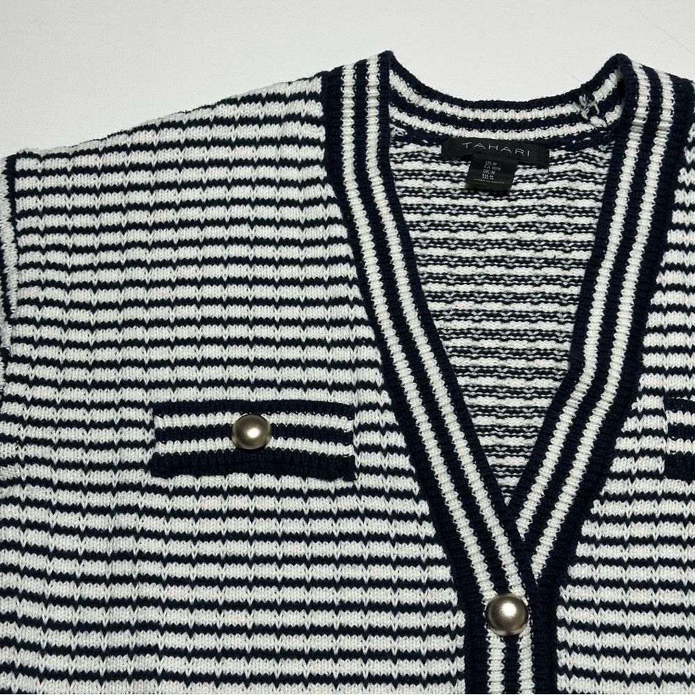 Tahari Knit V-Neck Cardigan; Black/White Stripes; Silver Accents - Women Medium - Picture 5 of 15